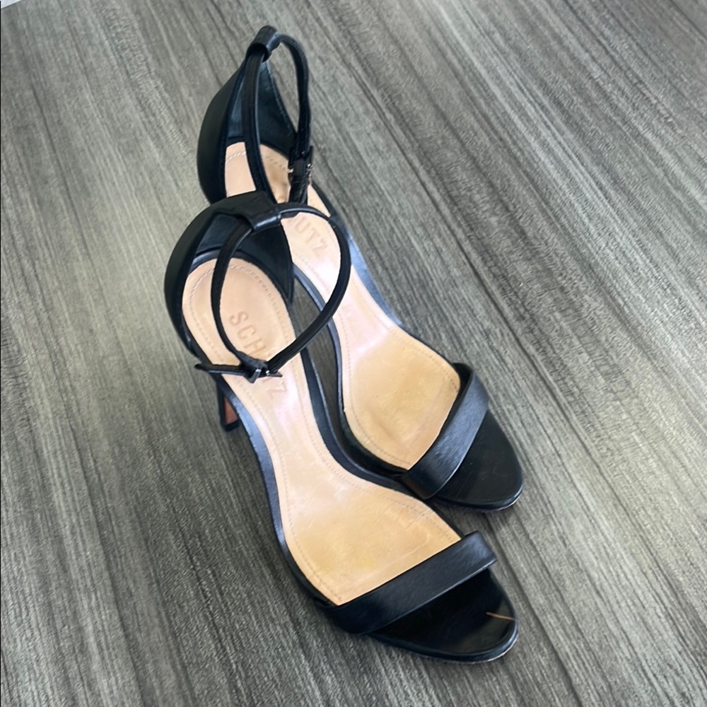 SCHUTZ Black Leather Ankle-Strap Heeled Sandals